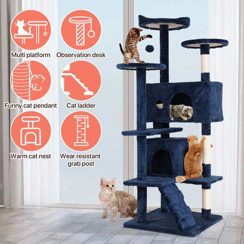 54 - In Double Condo Cat Tree Tower Playhouse with Scratching Post & Perch for Indoor, Navy Blue - Simply_Atlas