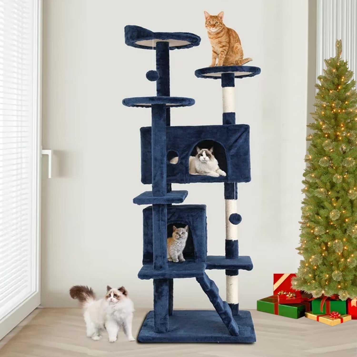 54 - In Double Condo Cat Tree Tower Playhouse with Scratching Post & Perch for Indoor, Navy Blue - Simply_Atlas